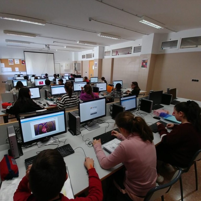 Fotografia d'alumnes en un centre educatiu que treballen amb ordinadors