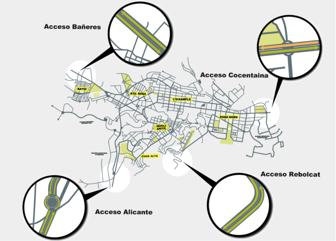 Plànol d'Alcoi amb els principals accessos: Accès Banyeres, Accès Cocentaina, Accès Alacant i Accès Rebolcat
