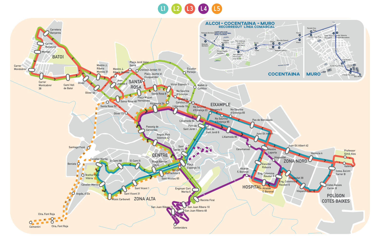 Plano de Alcoy con las líneas de transporte urbano