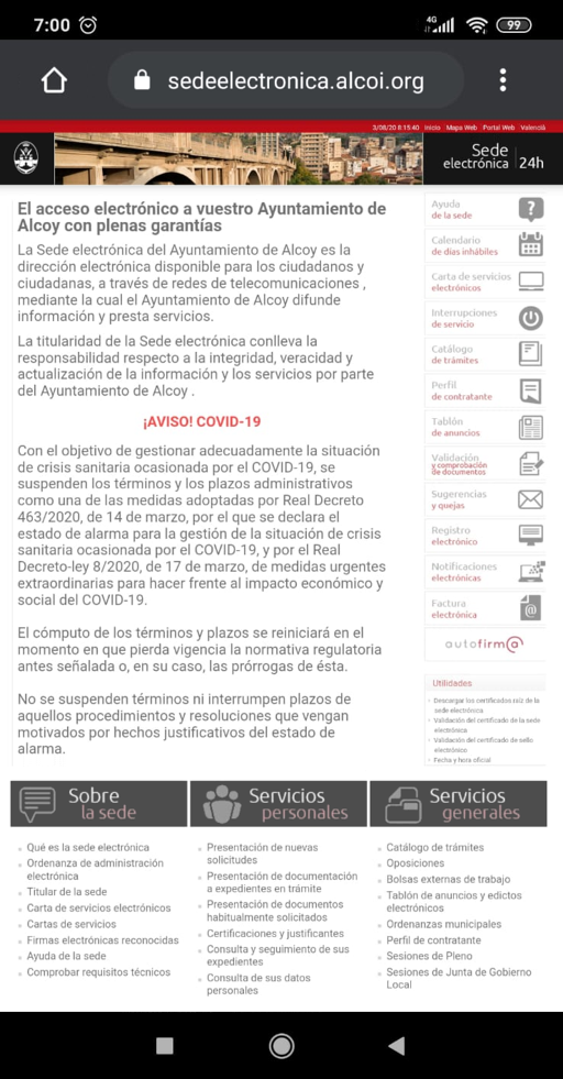Imagen de la Sede Electrónica del Ayuntamiento de Alcoy en formato móvil